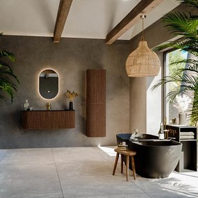 Mondiaz Kurve 120cm badmeubel ronding links/rechts walnut met 1 lade en 2 deuren en wastafel big small midden 1 kraangat urban