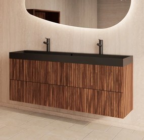 Gliss Design Hybris badmeubel met ribbelfront 140cm walnut met zwarte wastafel zonder kraangat Lako