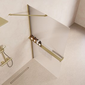 Saniclear Oblique inloopdouche 120cm met handdoekhouder en ribbelglas geborsteld messing - mat goud