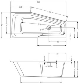 Riho Rethink Space half vrijstaand bad 160x75cm links wit glans met Fall overloop