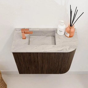 Mondiaz Joya DLux 50cm toiletmeubel ronding rechts walnut met wastafel faye links 1 kraangat glace