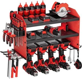 VEVOR Tool Storage Wall Mount, 3-laags opbergrek met 4 boorhouders, gereedschapshouder met zijvakken, gereedschapsorganizer voor garage, werkbank en werkplaats, rood
