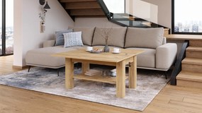BRAVO goud eiken – uitschuifbare en in hoogte verstelbare salontafel, tafel met plank