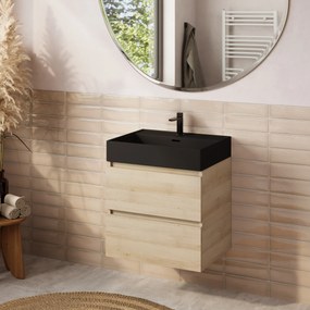 Fontana badkamermeubel 60cm beach eiken met Plieger Kansas wastafel mat zwart met kraangat