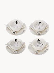 Handbeschilderde koffiekopjes Undressed met schoteltjes en lepels, 4-delig