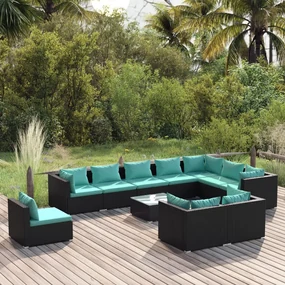 vidaXL 11-delige Loungeset met kussens poly rattan zwart