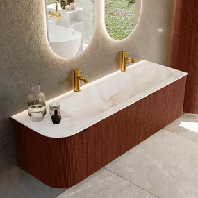 Mondiaz Kurve-dlux 145cm badmeubel ronding links ruby met 1 lade en deur en wastafel big large rechts 2 kraangaten frappe