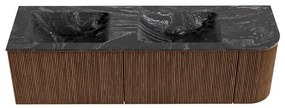 Mondiaz Kurve-dlux 155cm badmeubel ronding rechts walnut met 2 lades en 1 deur en wastafel leaf dubbel/links 2 kraangaten lava