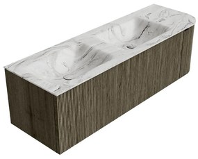 Mondiaz Kurve-dlux 145cm badmeubel ronding rechts shadow met 1 lade en deur en wastafel leaf dubbel/links 2 kraangaten glace