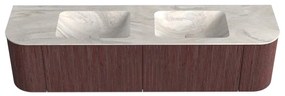 Mondiaz Kurve-dlux 180cm badmeubel ronding links/rechts ruby met 2 lades en deuren en wastafel leaf dubbel zonder kraangat ostra