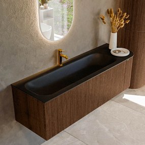 Mondiaz Kurve 145cm badmeubel ronding rechts walnut met 1 lade en deur en wastafel big large kraangat links urban