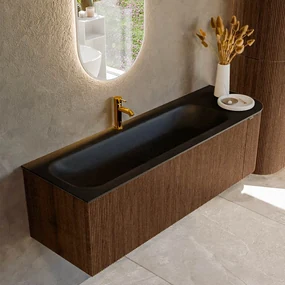 Mondiaz Kurve 145cm badmeubel ronding rechts walnut met 1 lade en deur en wastafel big large kraangat links urban
