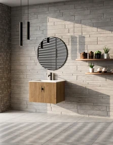 Muebles Raya badmeubel ribbelfront 60cm warm eiken met witte wastafel met kraangat