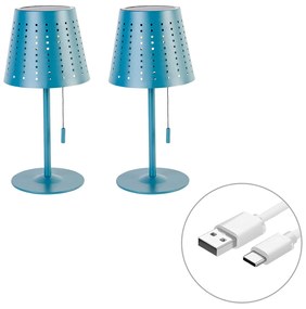 Set van 2 tafellampen blauw oplaadbaar en solar - Ferre
