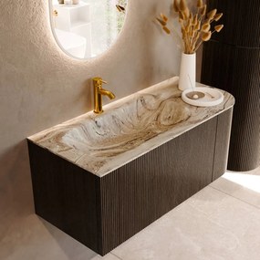 Mondiaz Kurve-dlux 105cm badmeubel ronding rechts shadow met 1 lade en deur en wastafel big small kraangat links glace