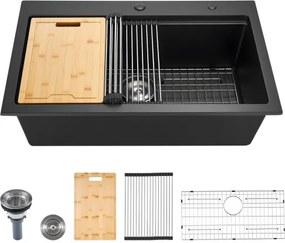 VEVOR Granieten Keuken Spoelbak (84 x 56 x 25 cm) voor Opbouwmontage, Inbouw Spoelbak in Landelijke Stijl met Accessoires, Huishoudelijke Spoelbak voor Campers, Voorbereidingskeukens, Bars, Zwart