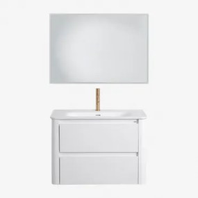 Badkamermeubelset In Hout Met Geïntegreerde Wastafel Egerton Wit & Rechthoekige Led En Anticondens 100x70 Cm Tamsin & Goud ↑20 - Sklum