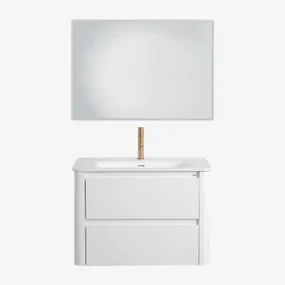 Badkamermeubelset In Hout Met Geïntegreerde Wastafel Egerton Wit & Rechthoekige Led En Anticondens 100x70 Cm Tamsin & Goud ↑20 - Sklum