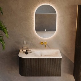 Mondiaz Kurve-dlux 85cm badmeubel ronding links shadow met 1 lade en deur en wastafel cloud rechts zonder kraangat frappe