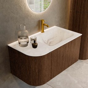 Mondiaz Kurve-dlux 85cm badmeubel ronding links walnut met 1 lade en deur en wastafel cloud kraangat rechts frappe
