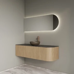 Gliss Design Alluro badmeubel ribbelfront met ronding rechts 140cm mist en zwart leisteen toppaneel