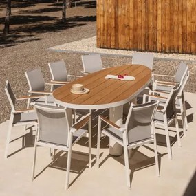Taneli Ovale Tafelset, 260x110 Cm, Gemaakt Van Aluminium En Teakhout, En 10 Elvira Stapelbare Aluminium Tuinstoelen. Teakhout - Sklum