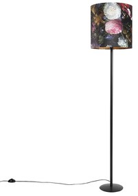 Stoffen Vloerlamp zwart met velours kap bloemen dessin 40 cm - Simplo Klassiek / Antiek E27 cilinder / rond rond Binnenverlichting Lamp