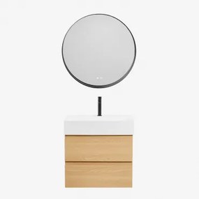 Badkamermeubelset Van Hout En Essenhoutfineer Met Geïntegreerde Wastafel Ona Natuurlijk Hout & Round Led And Antifog Zwart Ø80 Cm - Sklum
