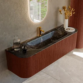 Mondiaz Kurve-dlux 160cm badmeubel ronding links/rechts ruby met 1 lade en 2 deuren en wastafel big medium midden 1 kraangat lava