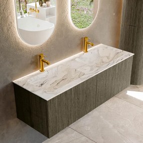 Mondiaz Kurve-dlux 130cm badmeubel shadow met 2 lades en wastafel leaf dubbel 2 kraangaten glace