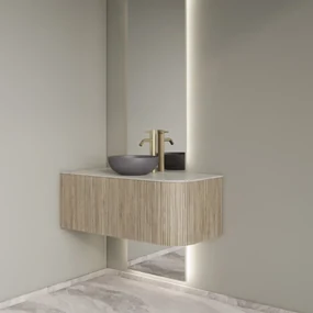 Gliss Design Alluro badmeubel ribbelfront met ronding rechts 100cm corn silk en wit marmer toppaneel