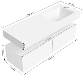 Zaro Alan badmeubel 130cm sand met 2 lades en vrijhangende wastafel rechts met kraangat wit mat