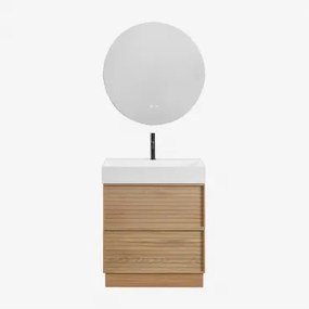 Badmeubelset 70x50 Cm Van Hout Met Geïntegreerde Wastafel Jolene Natuurlijk Hout & Round Led And Antifog Ø70 Cm Riben & Mat Zwart ?20 - Sklum