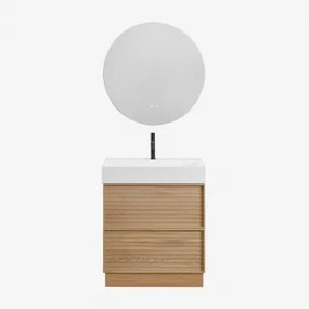 Jolene Houten Badkamermeubelset Met Geïntegreerde Wastafel Natuurlijk Hout & Round Led And Antifog Ø70 Cm Riben & Mat Zwart - Sklum