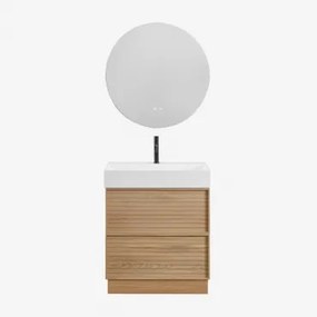 Jolene Houten Badkamermeubelset Met Geïntegreerde Wastafel Natuurlijk Hout & Round Led And Antifog Ø70 Cm Riben & Zwart ↑20 - Sklum