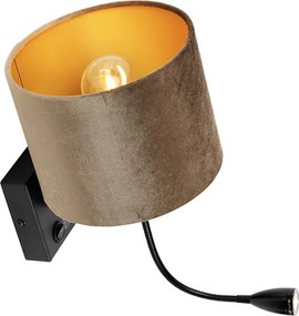Wandlamp zwart met velours kap bruin 18cm - Brescia