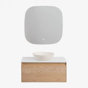 Tedrik Badkamermeubelset In Essenhout Ash Brown & Rond Cement Wit Ø40 Cm Zavion & Vierkant Led En Anticondens 75x75 Cm Riben & Zonder Kraan - Sklum