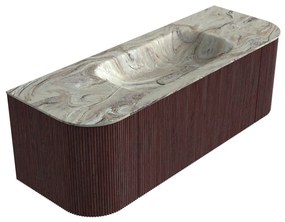 Mondiaz Kurve-dlux 130cm badmeubel ronding links/rechts ruby met 1 lade en 2 deuren en wastafel big small midden zonder kraangat glace