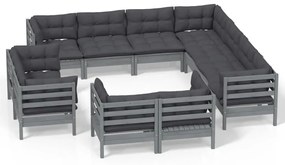 vidaXL 11-delige Loungeset met kussens massief grenenhout grijs