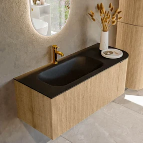 Mondiaz Kurve 115cm badmeubel ronding rechts oak met 1 lade en deur en wastafel big small kraangat links urban