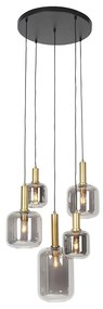 Smart hanglamp zwart met goud met smoke glas incl. 5 Wifi A60 - Zuzanna