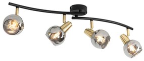 Art Deco plafondlamp goud met smoke glas 4-lichts - Vidro