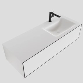 Zaro Lagom volledig naadloos solid surface onderkast 120cm mat zwart met 1 lade Push tot open. Compleet met solid surface wastafel met 1 kraangat(en)