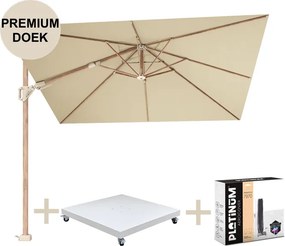 Challenger T2 premium parasol 300x300 cm teak champagne met zandkleur 90kg voet en hoes