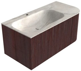 Mondiaz Kurve-dlux 95cm badmeubel ronding rechts ruby met 1 lade en deur en wastafel big small kraangat links ostra