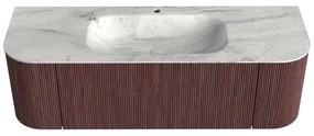 Mondiaz Kurve-dlux 140cm badmeubel ronding links/rechts ruby met 1 lade en 2 deuren en wastafel big small midden 1 kraangat opalo
