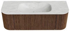 Mondiaz Kurve-dlux 130cm badmeubel ronding links/rechts walnut met 1 lade en 2 deuren en wastafel big small midden zonder kraangat opalo