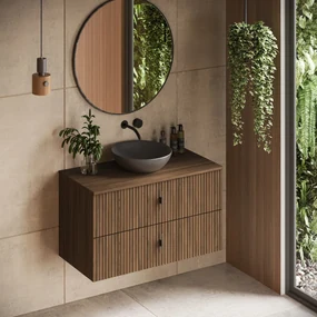 Muebles Mairi badmeubel ribbelfront 100cm walnoot met zwarte waskom