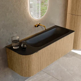Mondiaz Kurve 125cm badmeubel ronding links oak met 1 lade en deur en wastafel big medium rechts zonder kraangat urban