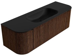 Mondiaz Kurve 140cm badmeubel ronding links/rechts walnut met 1 lade en 2 deuren en wastafel big small midden zonder kraangat urban
